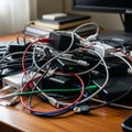 Tangled pile of various electronic cables Royalty Free Stock Photo
