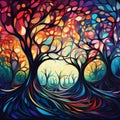 Tangled Roots: Vibrant and Abstract Depiction of Forest and Woodland
