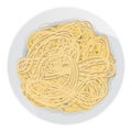 Tangled spaghetti. Asian noodles. Cartoon vector illustration of long pasta in plate isolated on white