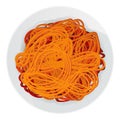 Tangled spaghetti. Asian noodles. Vector illustration of long red pasta in plate isolated on white background.