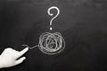 Tangled Tangle and Question Mark Drawn on Chalkboard. Psychotherapy illustration with hands and tangled thread Royalty Free Stock Photo