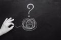 Tangled Tangle and Question Mark Drawn on Chalkboard. Psychotherapy illustration with hands and tangled thread Royalty Free Stock Photo