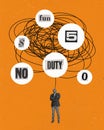 Contemporary art collage with businessman, under the pressure of job duties on orange color background. Tangled thoughts