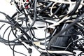 Tangled up wires, connections and cables. Royalty Free Stock Photo