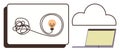 Creative problem-solving concept with tangled wire, glowing bulb, cloud, and laptop Royalty Free Stock Photo