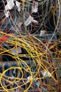 Tangled wires in electrical cabinet. Electric and mains wires are tangled. Concept - adjustment of power grid. open electrical