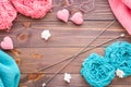 Tangles Of Pink And Mint Yarn, Snuds, Needles, Knitting Hearts