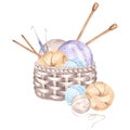 Tangles of threads in basket, wooden knitting needles and crochet hooks. Watercolor template illustration of hobby