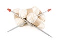 Tangles yarn for knitting with spokes. Royalty Free Stock Photo