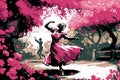 tango dancer twirls in park, surrounded by blooming flowers
