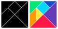 Tangram black and colorful base square brain game with pieces.