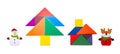 Tangram blocks shape as Christmas tree and house with snowman and reindeer nearby
