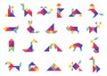 Tangram puzzle. Geometric dissection game with colorful triangle shapes, abstract logic mosaic geometry figures for kids