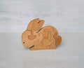 Tangram puzzle in rabbit shape on wood background Royalty Free Stock Photo