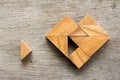 Tangram puzzle wait for fulfill to heart shape on wood table Royalty Free Stock Photo