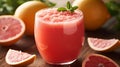 grapefruit juice and slices on a wooden table