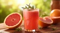 grapefruit juice and slices on a wooden table