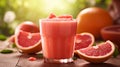 grapefruit juice and slices on a wooden table