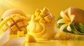 tangy mango sorbet adorned with diced fresh mango, offering a tropical indulgence that tantalizes the taste buds.