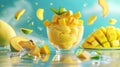 tangy mango sorbet adorned with diced fresh mango, offering a tropical indulgence that tantalizes the taste buds.