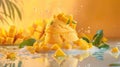 tangy mango sorbet adorned with diced fresh mango, offering a tropical indulgence that tantalizes the taste buds.