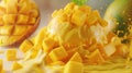 tangy mango sorbet adorned with diced fresh mango, offering a tropical indulgence that tantalizes the taste buds.