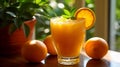 tangy orange juice Resting on a rustic wooden table