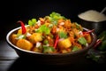 Tangy and spicy aloo chaat, a street food favorite featuring crisp potato cubes tossed