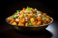 Tangy and spicy aloo chaat, a street food favorite featuring crisp potato cubes tossed