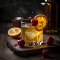 Tangy Whiskey Sour cocktail made with bourbon or rye whiskey, lemon juice, syrup, lemon wedge, cherry. AI generated