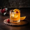 Tangy Whiskey Sour cocktail made with bourbon or rye whiskey, lemon juice, syrup, lemon wedge, cherry. AI generated