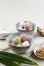 Tangyuan on Blue Chinese Bowl. Tang Yuan is Sweet Dumpling Balls for WInter Solstice Festival Royalty Free Stock Photo