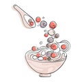 Tangyuan Desserts in Bowl with Spoon ,glutinous rice balls flying into bowl vector illustration.Tang Yuan asian food
