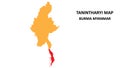 Tanintharyi State and regions map highlighted on Burma myanmar map