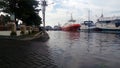 The road was inundated by high tide at Semarang Harbor