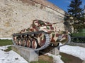 Tank at the castle of belgrade fortress in winter snow park presented tourists serbia war exhibition museum memorial Royalty Free Stock Photo