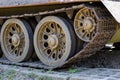 Tank caterpillar in a military museum. Old military equipment on