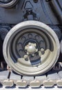 Tank close-up with wheel, caterpillar. American tank.