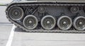 Tank close-up with wheel, caterpillar. American tank.