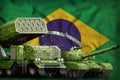 Brazil heavy military armored vehicles concept on the national flag background. 3d Illustration