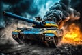 a tank painted in the colors of the Ukrainian flag against the background of ruins, fire and columns of smoke - Generative AI