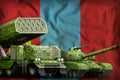 Mongolia heavy military armored vehicles concept on the national flag background. 3d Illustration