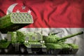 Singapore heavy military armored vehicles concept on the national flag background. 3d Illustration