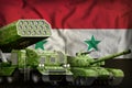 Syrian Arab Republic heavy military armored vehicles concept on the national flag background. 3d Illustration