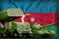 Azerbaijan heavy military armored vehicles concept on the national flag background. 3d Illustration