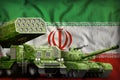 Iran heavy military armored vehicles concept on the national flag background. 3d Illustration