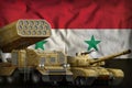 Syrian Arab Republic heavy military armored vehicles concept on the national flag background. 3d Illustration