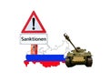 Tank with Russia map and sanctions sign isolated in german Royalty Free Stock Photo