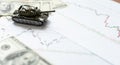 Tank and Russian money, crisis and war. High quality photo Royalty Free Stock Photo