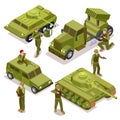 Tank, soldiers and military cars. Flat 3d vector isometric illustration Royalty Free Stock Photo